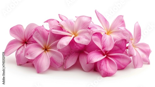 A cluster of pink frangipani flowers set against a white background