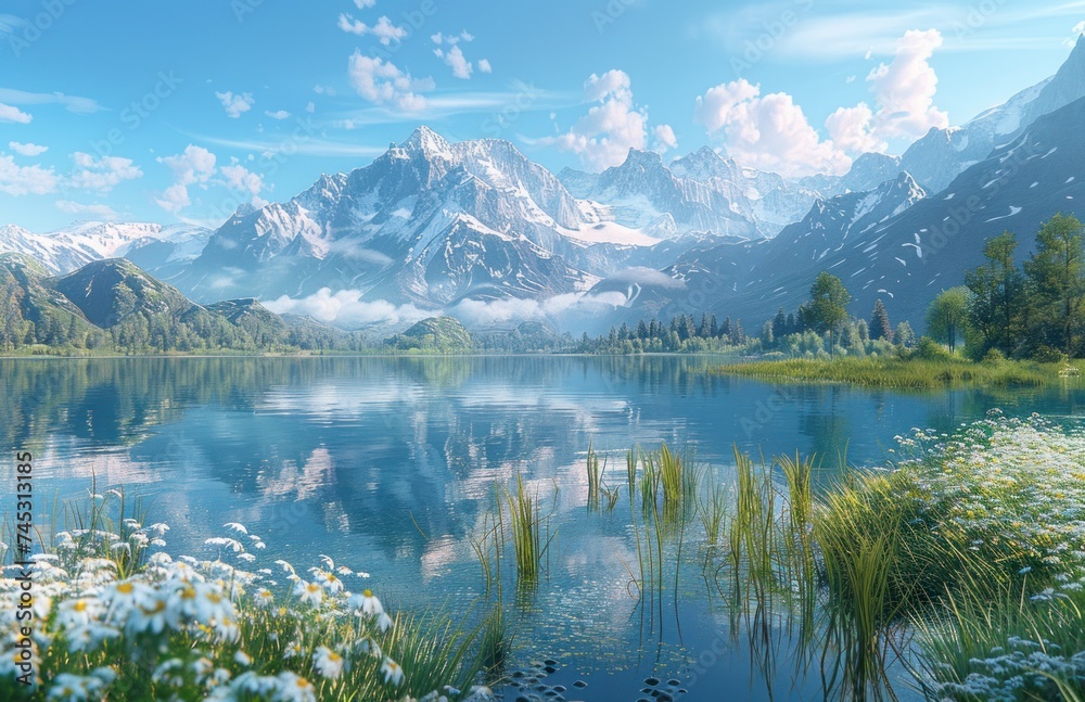 a lake with mountain peaks and grass reflected in it