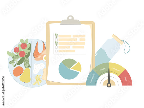 Well being concept. Diet plan schedule program and healthy eating plate with bmi chart. Nutrient counting checklist. Meal tracking concept. Weight loss control. Vector flat illustration isolated