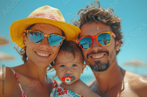 a family with baby on beach vacation with the glasses on