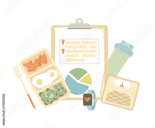 Wellbeing diet plan and fitness training schedule program. Healthy eating and sport. Nutrient counting checklist. Meal and activity tracking concept. Weight loss control. Vector flat illustration