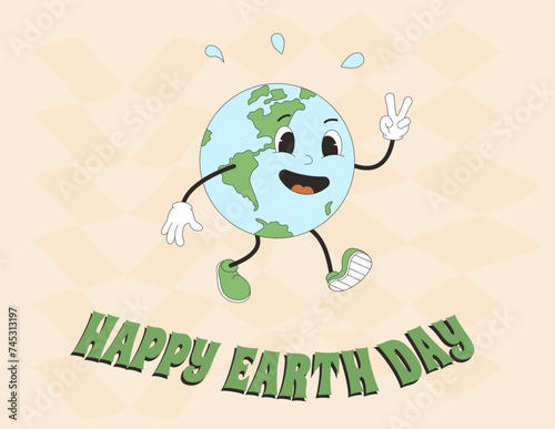 Happy Earth day cover with mascot character walking and showing victory sign. Save the planet retro poster. Vector illustration