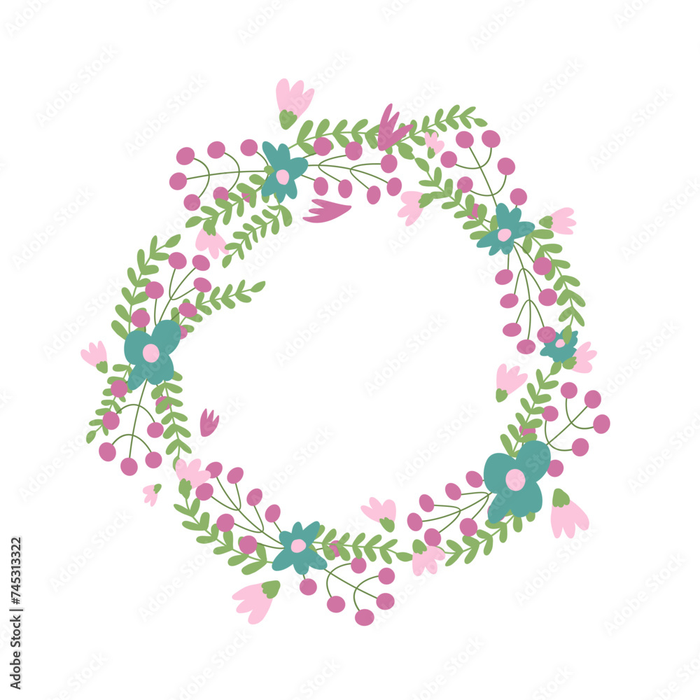 Floral wreath isolated on white. Spring flowers frame. Circle border of bouquet. Vector illustration