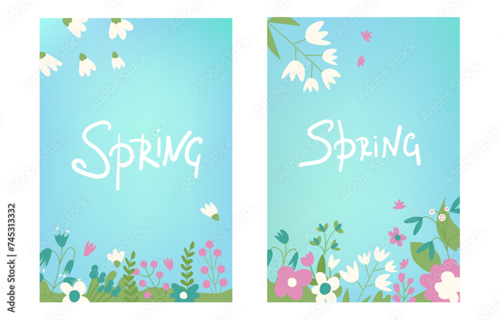 Spring backgrounds set with lettering. Flower abstract banner templates collection. Two covers with decoration. Vector flat illustration Spring backgrounds set with lettering. Flower abstract banner templates collection. Two covers with decoration. Vector flat illustration