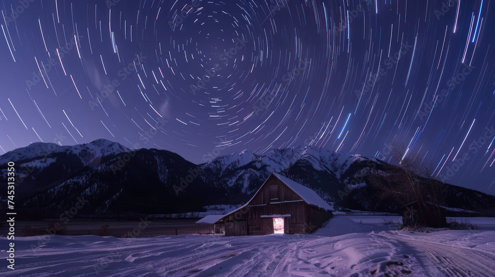 Beautiful night landscape of lighting in barn and snow mountains, colorful star trails on the sky,