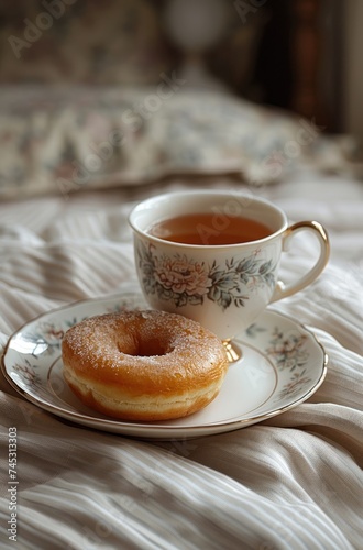 a cup of tea and a donut is shown on a bed to show the breakfast view