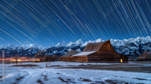Beautiful night landscape of lighting in barn and snow mountains, colorful star trails on the sky, © EmmaStock