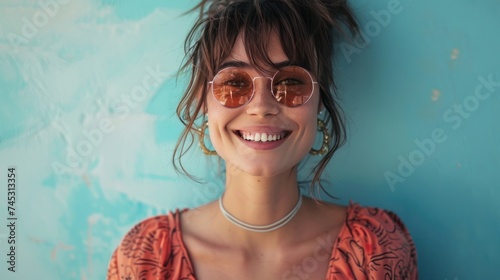 A close-up photo capturing a fashionable young woman in sunglasses smiling ag...