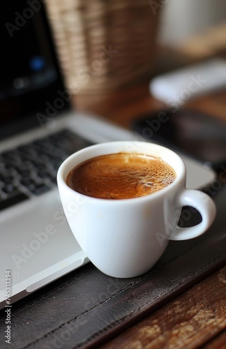 A cup of coffee sits beside a laptop on a coffee table