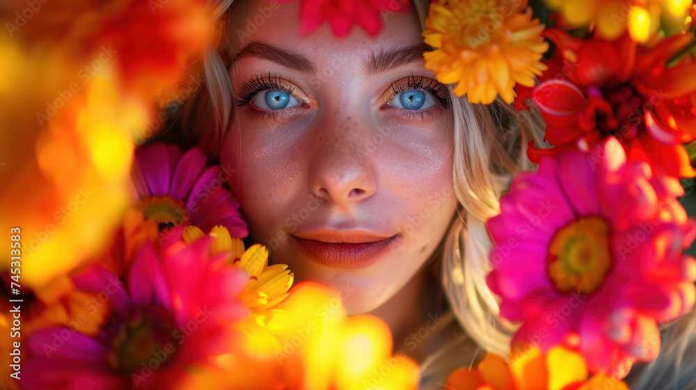 young 30 years blonde woman on the colorful flower young 30 years blonde woman on the colorful flower