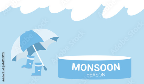 Monsoon season banner template. Podium for advertising flyer offer. Umbrella and rubber bots on windy weather clouds background. Vector flat illustration