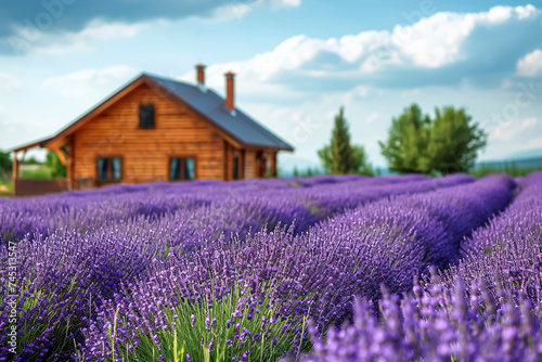 a lavender field with a wooden house in the background