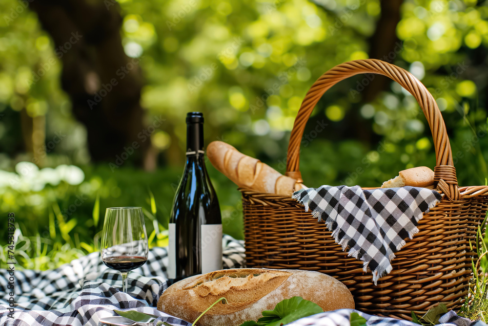 A picnic basket with a bottle of wine, a baguette, a cheese knife and a checkered blanket