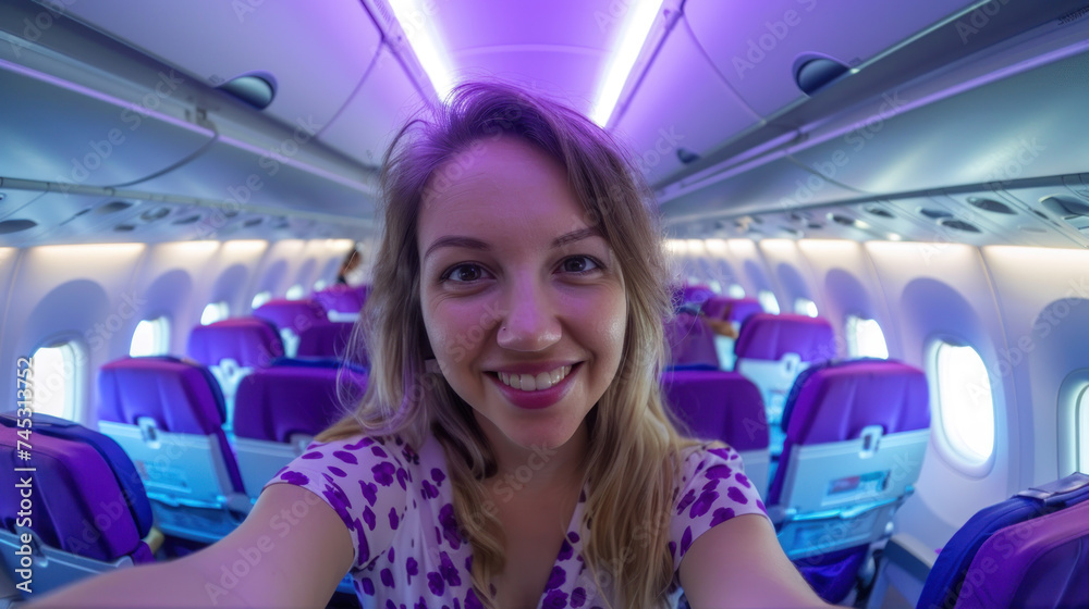 young selfie photo, inside the passenger plane young selfie photo, inside the passenger plane