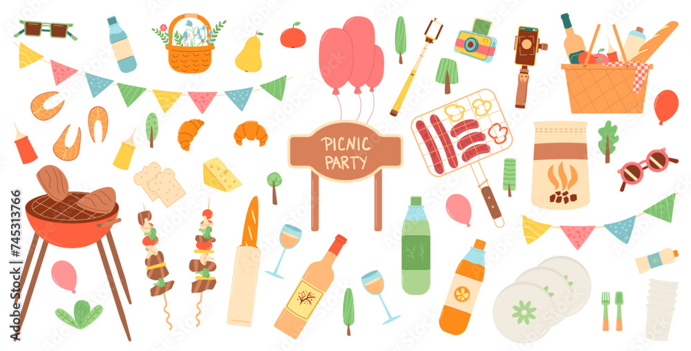 Picnic party set isolated on white background. Spring holiday celebration activity elements. Summer birthday meal in park. Grill, bbq, garland basket with beverages and food. Vector flat illustration