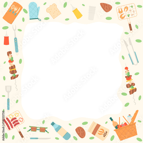 Picnic frame with copy space. Grill, basket with food, hat and gadgets square border. Summer outdoor holiday activity elements. Weekend bbq meal . Vector flat illustration