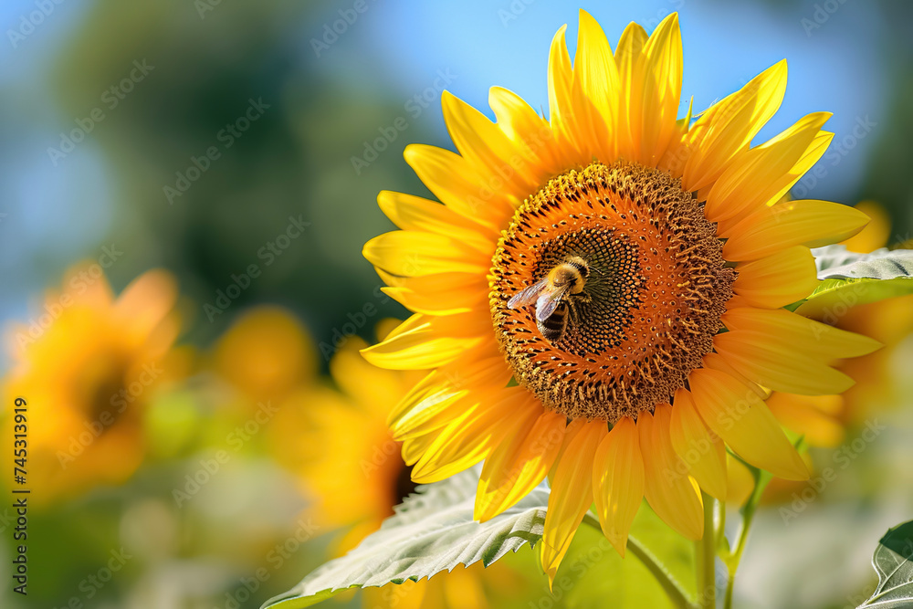 a sunflower with a bee on its center
