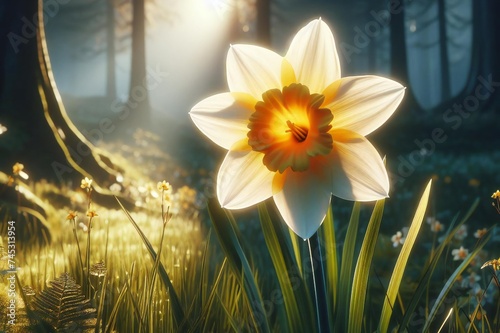 banner daffodil in white and yellwo on a spring meadow with warm light. photo