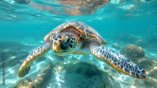 Sea turtle close up over coral reef