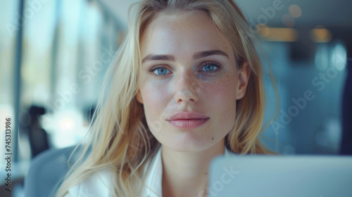 Young blonde businesswoman using laptop in the office