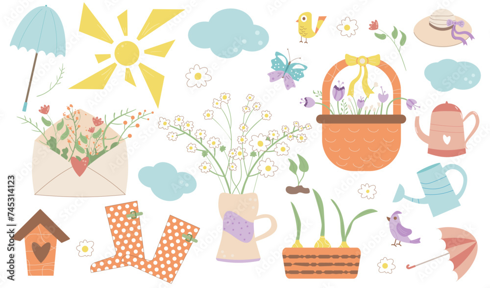 Spring elements set and gardening tools isolated on white background. Vector illustration Spring elements set and gardening tools isolated on white background. Vector illustration