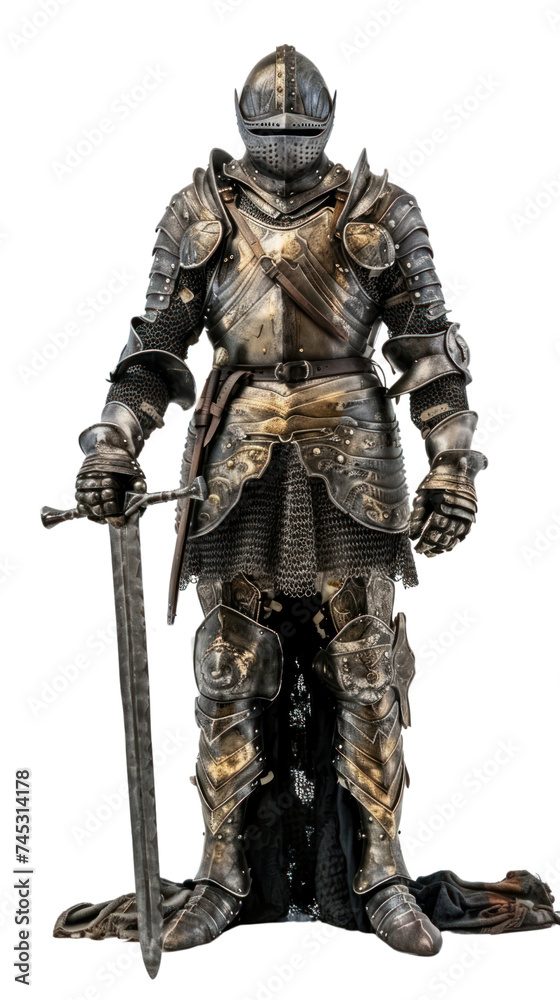A knight in small armor like an ancient warrior, holding a sword, on transparent background A knight in small armor like an ancient warrior, holding a sword, on transparent background