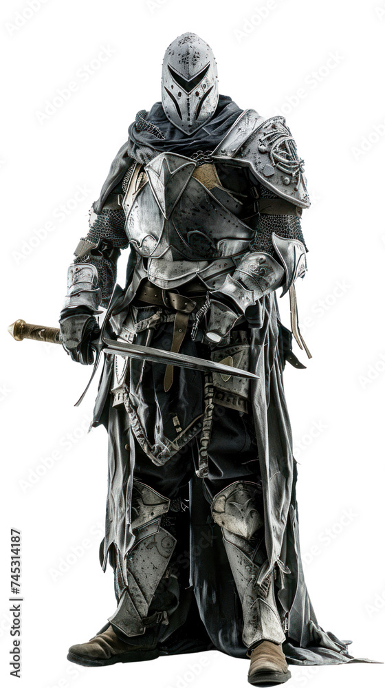 A knight in small armor like an ancient warrior, holding a sword, on transparent background A knight in small armor like an ancient warrior, holding a sword, on transparent background