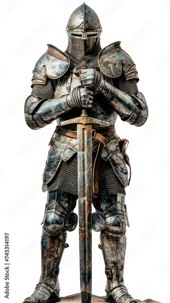 A knight in small armor like an ancient warrior, holding a sword, on transparent background