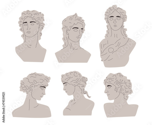 Ancient greek sculptures and busts in modern retro style set isolated on white background. Vector flat illustration