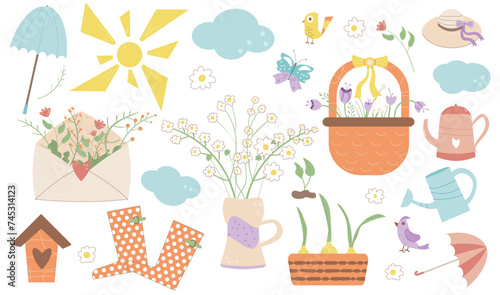 Spring elements set and gardening tools isolated on white background. Vector illustration