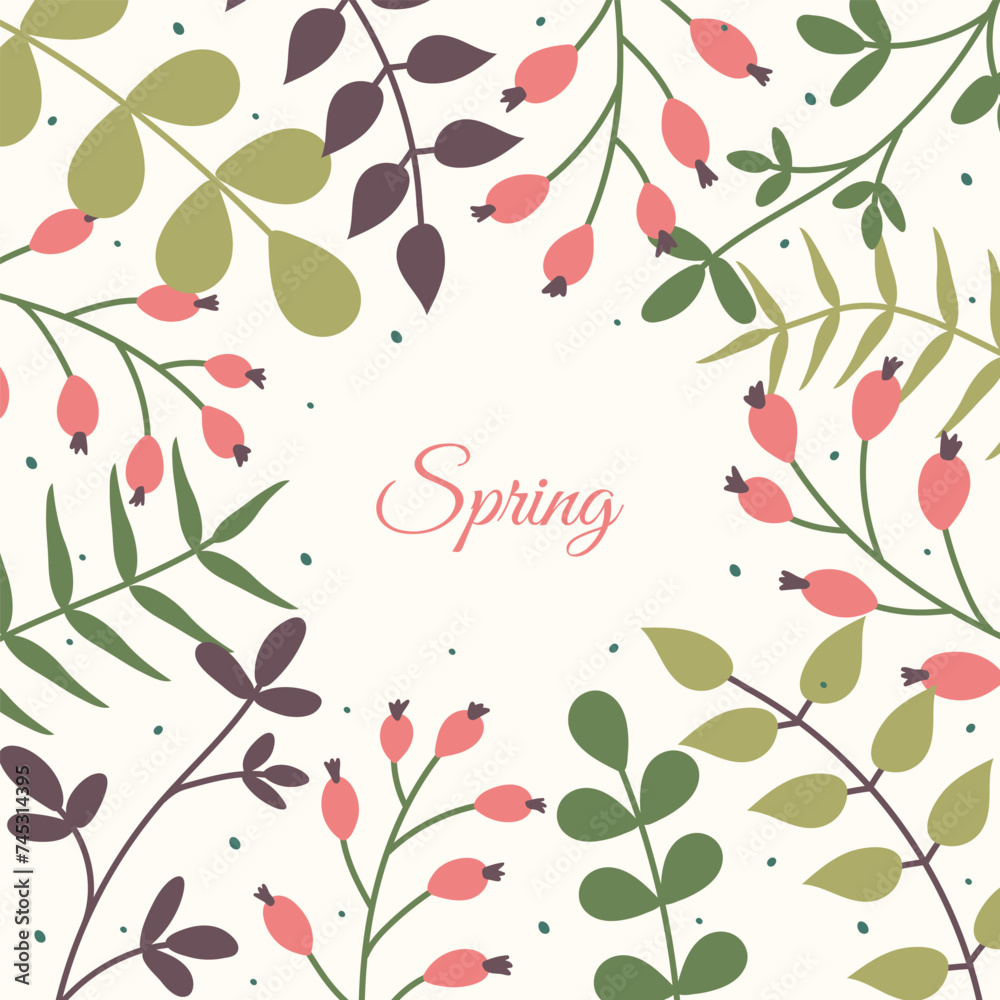 Spring Floral square background or posters. Social media Springtime post templates. Set of postcards with leaves, flowers and text. Minimalistic style Greeting card with frames of botanical elements