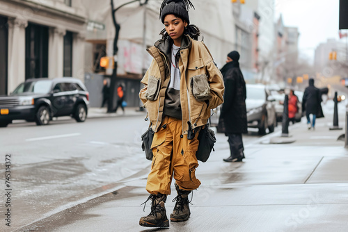 model wearing edgy streetwear, with oversized jackets and baggy pants photo