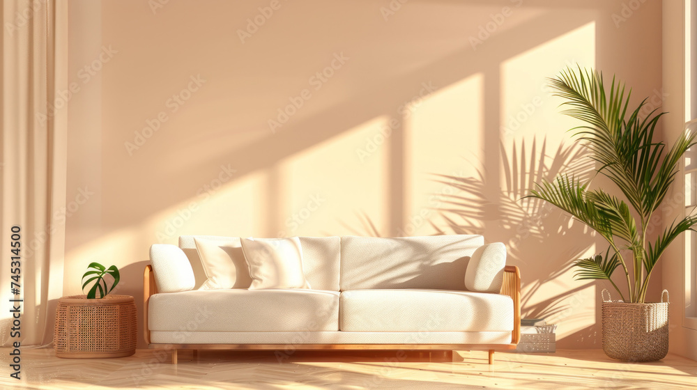 a lounge room with a white sofa, beige living room, wicker furniture and potted plant, contrasting shadows, minimalist abstracts, minimalist staging, light brown interior concept. a lounge room with a white sofa, beige living room, wicker furniture and potted plant, contrasting shadows, minimalist abstracts, minimalist staging, light brown interior concept.