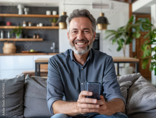 Smiling happy mature middle aged man holding cell mobile phone using smartphone sitting at home on couch, looking at camera.