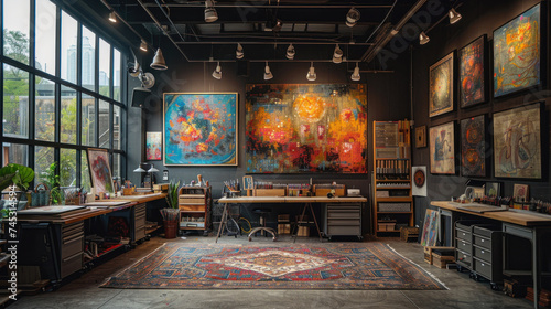 Painter artist studio interior on people