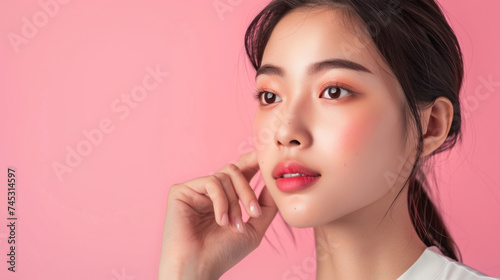 asian woman skincare concept. clean pink background