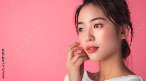 asian woman skincare concept. clean pink background