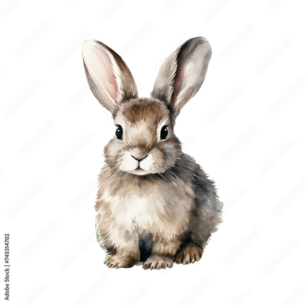 Fototapeta premium Watercolor cute Easter bunny on the white background. Fluffy rabbit