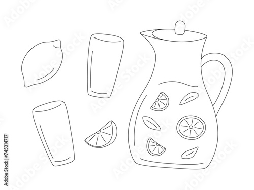 Pitcher of lemonade and glasses in line style. Vector jug and glasses, lemon and slice of lemon isolated on white background.