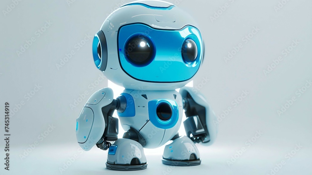 cute robot in shades of light blue, isolated on a solid white background. cute cyborg with copy space. cute robot in shades of light blue, isolated on a solid white background. cute cyborg with copy space.