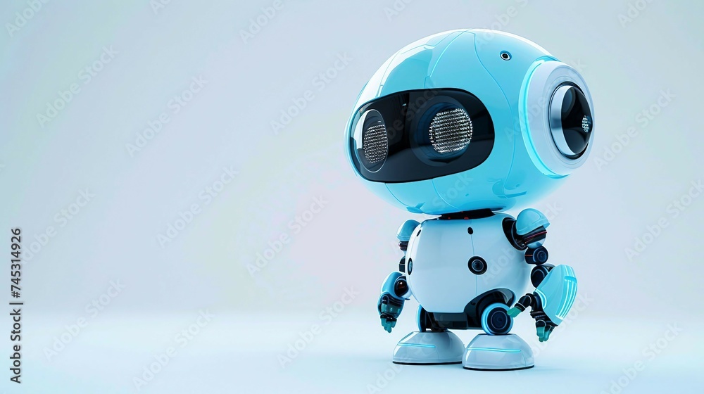 cute robot in shades of light blue, isolated on a solid white background. cute cyborg with copy space. cute robot in shades of light blue, isolated on a solid white background. cute cyborg with copy space.