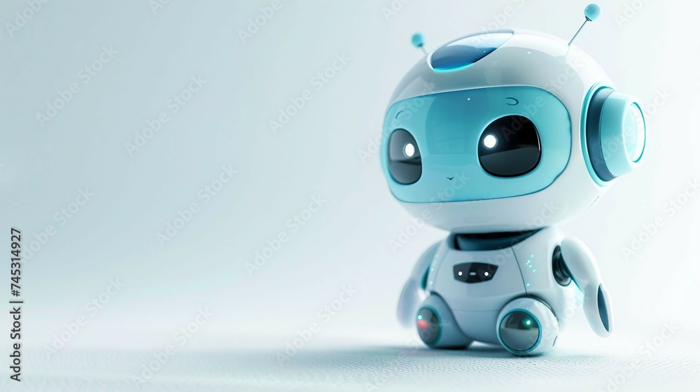 cute robot in shades of light blue, isolated on a solid white background. cute cyborg with copy space. cute robot in shades of light blue, isolated on a solid white background. cute cyborg with copy space.