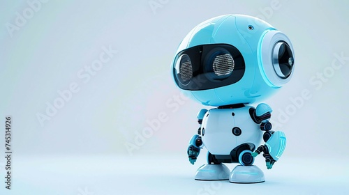 cute robot in shades of light blue, isolated on a solid white background. cute cyborg with copy space.