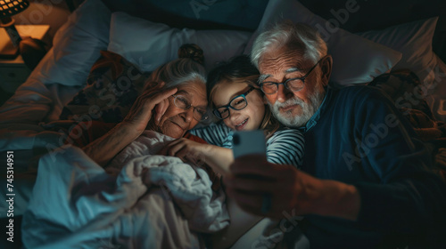Grandparents and granddaughter taking a selfie on the smartphone in bed at home.
