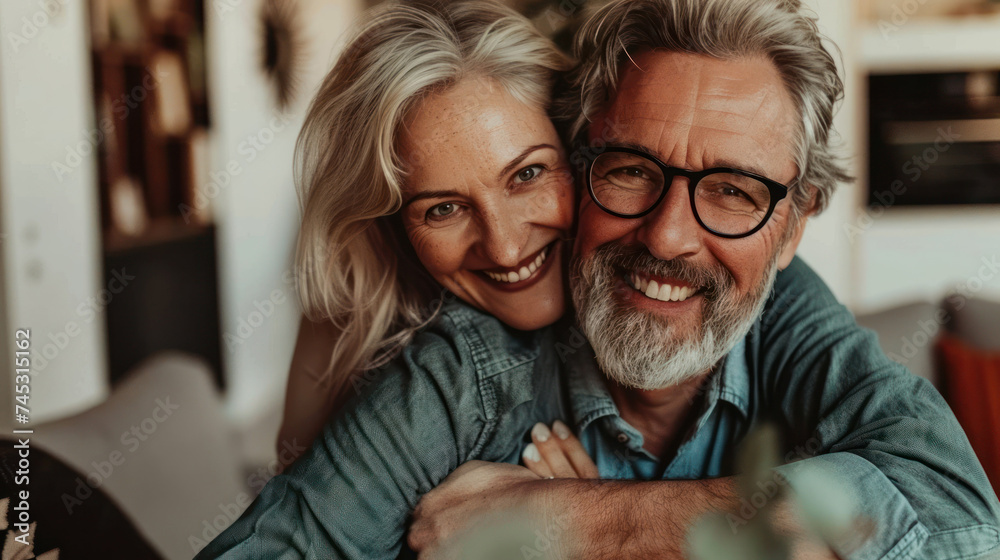 Portrait of couple of happy mature people in love hugging and looking at the camera smiling and having fun at home. Two cute seniors enjoying indoors together. Portrait of couple of happy mature people in love hugging and looking at the camera smiling and having fun at home. Two cute seniors enjoying indoors together.
