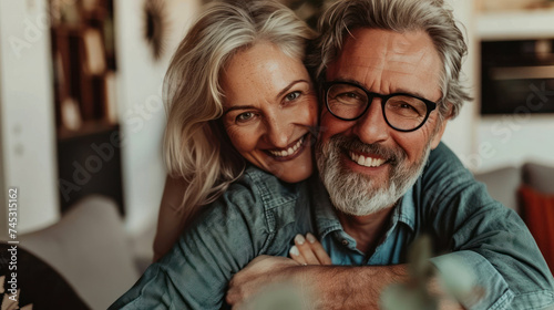 Portrait of couple of happy mature people in love hugging and looking at the camera smiling and having fun at home. Two cute seniors enjoying indoors together.