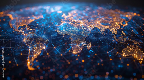 Digital world map depicting interconnected nodes with glowing lights representing global network connectivity and data communication.