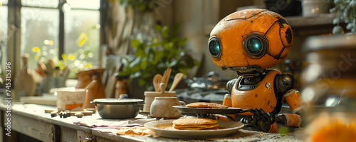 Cheerful kitchen robot, flipping pancakes with flair, sunny morning vibe