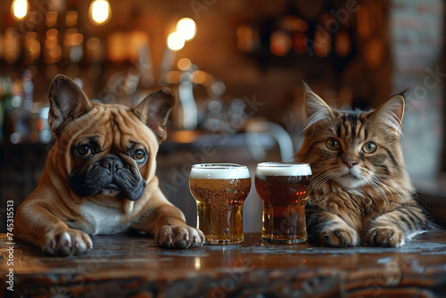 Happy hour for pets, animals mingling with beers in paw