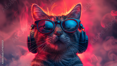 Illustrated cat with headphones, a vision of coolness, against a fantasy backdrop of pink and blue hues © Ai-Pixel